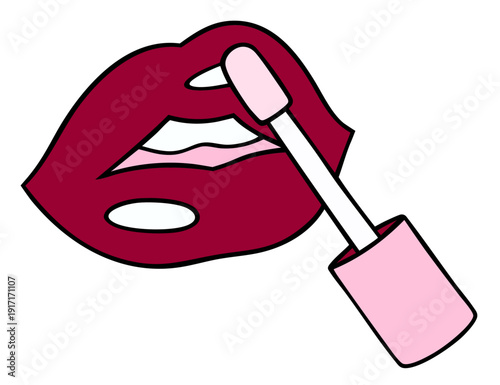 Red lips with lip gloss applicator, romantic Valentine makeup concept with glossy lipstick detail