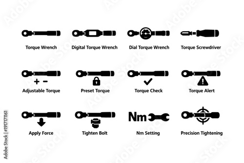 Icons of assorted torque wrenches and screwdriver with various features
