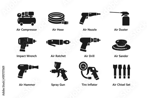 Collection of pneumatic tools silhouettes: compressor, wrench, drill, sander, inflator