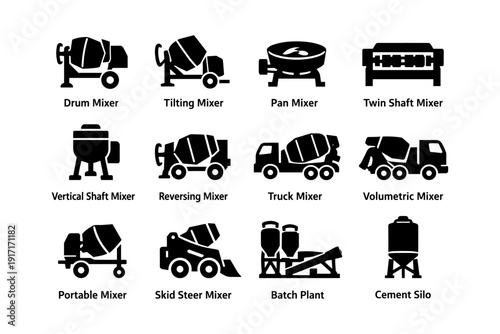 Collection of concrete mixer icons: drum, pan, twin shaft, vertical, truck