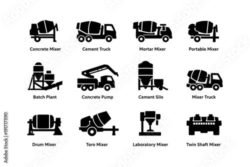 Variety of concrete mixer and construction equipment icons