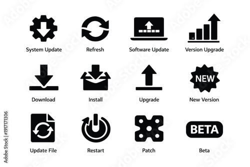 Software update icons: system, refresh, download, install, upgrade