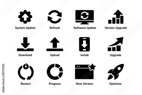 Tech icon set: update, refresh, download, upload, install, upgrade