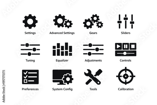Settings and configuration icons: tools, gears, sliders, and calibration symbols