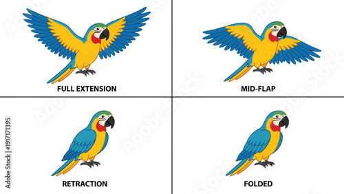 Blue and Yellow Macaw Wing Positions Illustration: Full Extension, Mid-Flap, Retraction, Folded for Flight Mechanics