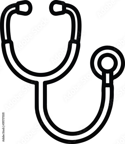 A detailed black and white line art illustration of a stethoscope, a crucial medical instrument used for listening to internal body sounds