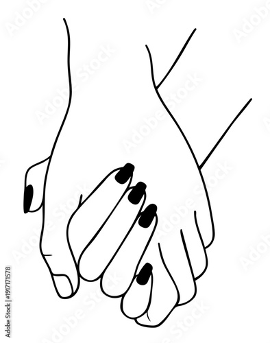 Linear Contour Drawing of Man and Woman Couple Firmly Holding Hands by Palms While Walking Together