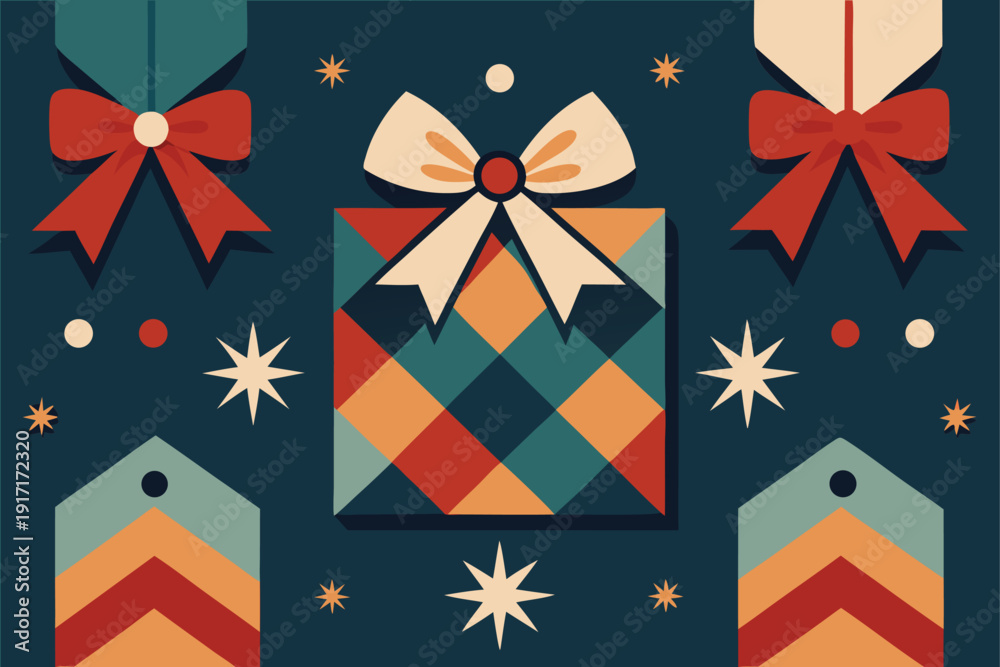 Obraz premium Charming Holiday Pattern Featuring Greenery, Red Bows, and Gift Tags for Seasonal Designs