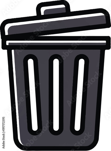 A dark gray trash can with a lid slightly ajar, depicting a common waste disposal receptacle with vertical slats