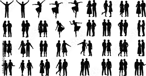 Collection of male and female human silhouettes showing couples, dancing, standing, and social interaction poses, isolated on white background, perfect for design, concepts, and infographics