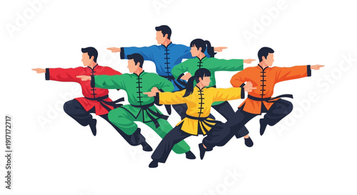 A group of six martial artists in colorful traditional uniforms performing synchronized kung fu stances.