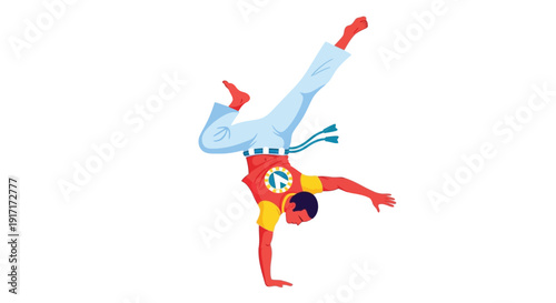 An illustration of a person performing a dynamic capoeira handstand move with one leg extended upwards.