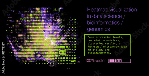 Vibrant neon cyberpunk heatmap grid with intense purple, green, and yellow glowing gradients, precise numerical values annotated in cells on black background, showing clustered patterns.