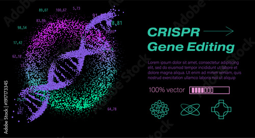Vibrant neon cyberpunk DNA double helix formed from glowing particle scatter dots in purple, pink, teal, and green gradients with overlaid numerical values on black background, featuring CRISPR text.