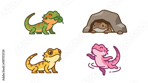 Adorable Cartoon Lizards Vector Set. Playful Reptile Illustrations in Different Poses and Activities.