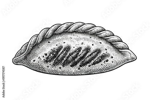 Empanada, a traditional savory dumpling or baked turnover. Hand-drawn vintage style sketch against a transparent background