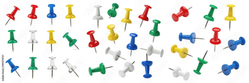Αυτοκόλλητο Set and collection colorful push pins thumbtacks for office stationery isolated