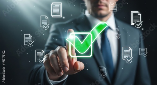 Man approving documents with checkmark icons