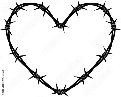 a stark black and white illustration depicts a heart shape meticulously constructed from jagged strands of barbed wire conveying a sense of painful love