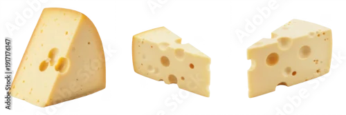 Obraz  z motywem Set of Traditional Swiss Cheese Collection, Gourmet Emmental and Maasdam Wedges with Realistic Holes for Deli and Culinary Displays, isolated on white transparent PNG background