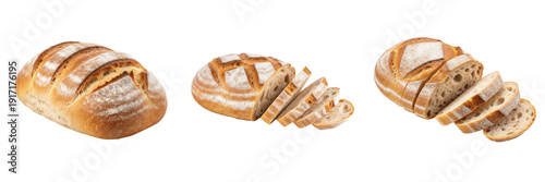 Photos Set of Fresh Sourdough Bread Collection, Artisan Crusty Loaves and Sliced Rustic