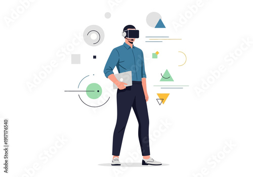 Man interacting with virtual reality technology surrounded by abstract shapes and icons in a modern environment