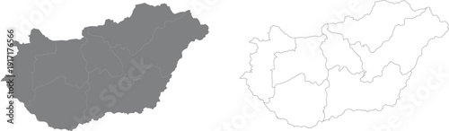 Hungary Map with Administrative Divisions - Gray Silhouette and Outline Vector