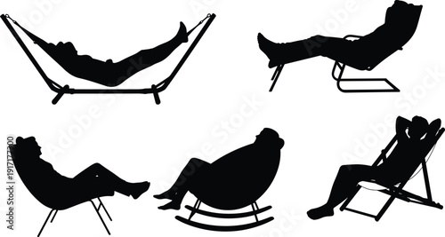 Relaxing people silhouettes on hammock and lounge chairs, leisure time отдыха concept isolated on white background illustration collection
