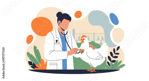 Veterinarian Examining a Chicken with Stethoscope.