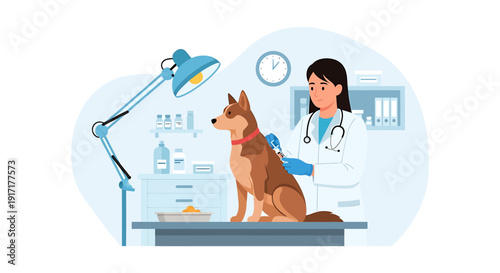 Veterinarian examining a dog in a clinic examination room.