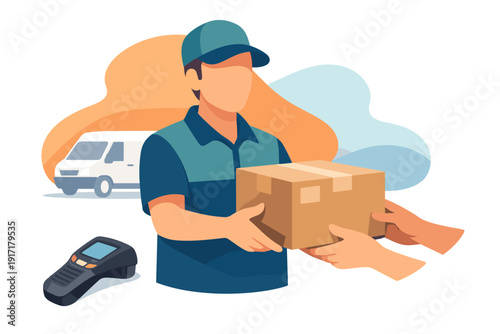 Delivery person hands package to customer with scanner and van.