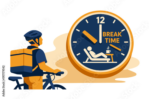 Delivery person on bicycle near break time clock illustration.