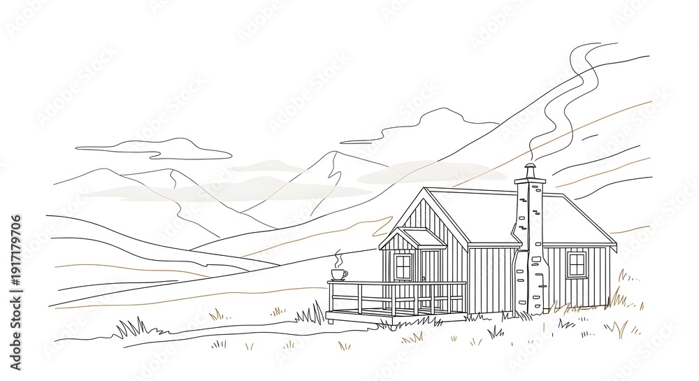 Fototapeta premium Cozy Mountain Cabin with Smoke Rising in Natural Landscape