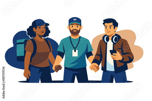 Three diverse people standing together with backpacks and headphones.