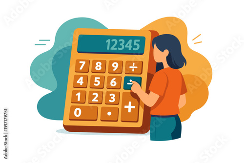 Woman using a large calculator for calculations.