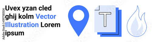 Free Download Navigation, digital files, creativity, geolocation, resource icons, data . Blue location pin, layered document icon and flame symbol. Geolocation and digital files design concepts - GFXLoad