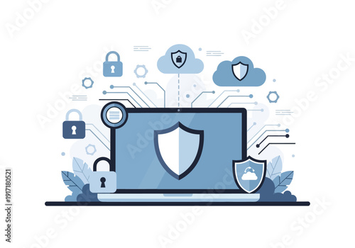 Secure laptop illustration with shield icon and security elements surrounding it in a digital environment from a front viewpoint