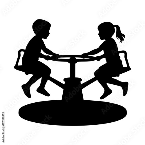 Silhouette illustration of a boy and a girl sitting opposite each other inside a round playground spinner bowl