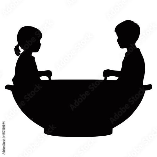 Silhouette illustration of a boy and a girl sitting opposite each other inside a round playground spinner bowl