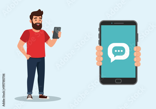 Man holding a mobile phone with a chat interface displayed on the screen, showing a conversation, using technology for communication, modern digital interaction, vector illustration