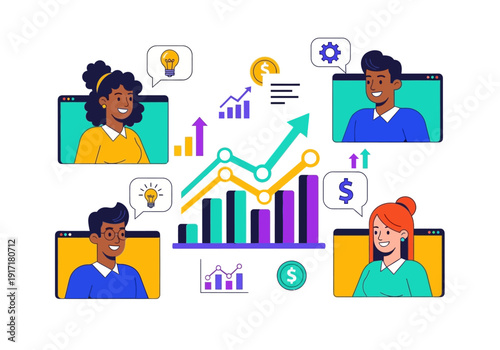 Business professionals collaborating remotely on financial analysis and growth strategy through videoconference