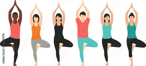 Group of diverse people practicing tree pose yoga, healthy lifestyle fitness flat vector illustration wellness balance exercise concept