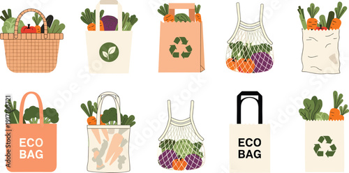 Reusable eco grocery bags with fresh vegetables collection, sustainable shopping tote flat vector illustration zero waste lifestyle concept
