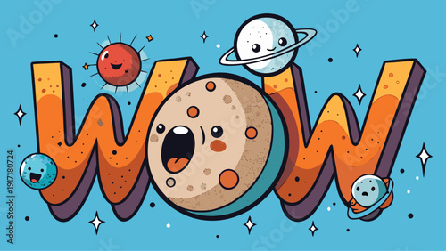 Vibrant cartoon planets and stars forming WOW text