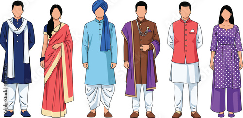 Traditional Indian men and women clothing collection, cultural ethnic fashion flat vector illustration diverse people outfit set