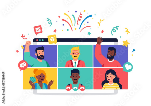 People celebrating a virtual event on a computer screen with diverse individuals and festive graphics