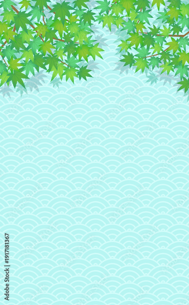 Obraz premium 緑のもみじと和柄の涼しげな背景1_縦