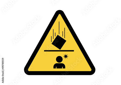 Warning sign illustrating falling object hazard above a person with impact indication in a triangular yellow safety symbol