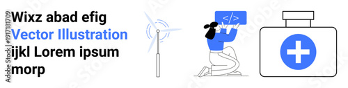 Renewable energy, healthcare services, coding, sustainability, technology, education. Wind turbine, person coding first aid kit symbol. Renewable energy and healthcare services concept