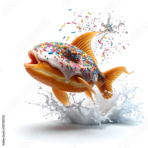 Surreal image of a goldfish-donut hybrid leaping from water with a sprinkle explosion